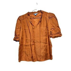 Draper James RSVP Womens Blouse Top Brown S Polka Dot V Neck 3/4 Puff‎ Sleeve